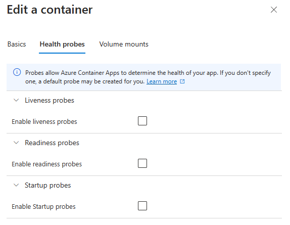 Azure Portal showing that health probes are disabled by default