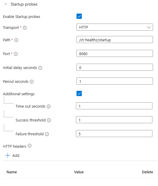 Azure Portal showing the configuration for the startup probe
